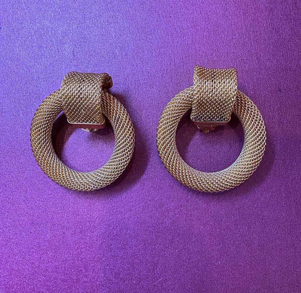 Givenchy Paris Vintage Mesh Clip On Earrings Gold Tone Chunky Signed 1980s